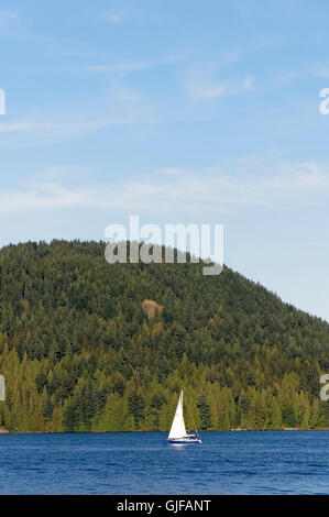 Voilier blanc contre la montagne boisée et ciel bleu, Indian Arm, Deep Cove, British Columbia, Canada Banque D'Images