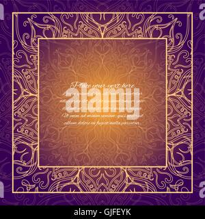 Vintage frontière. Carte d'invitation de la dentelle. Mandala brun. Carte rougeoyant. Illustration de Vecteur