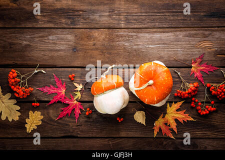 Automne fond avec des feuilles et des citrouilles, l'action de grâce et l'halloween card Banque D'Images