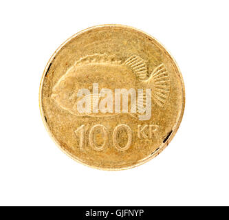 100 couronne islandaise coin isolé sur fond blanc Banque D'Images