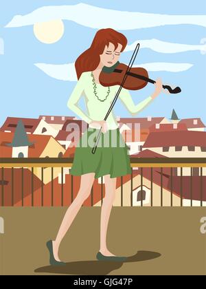 Fille à jouer du violon sur le toit - romantique colorés vector illustration Illustration de Vecteur