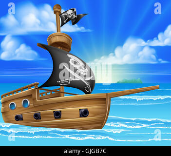 Un dessin bateau pirate bateau naviguant dans l'océan avec Jolly roger le crâne et os croisés d'un drapeau Banque D'Images