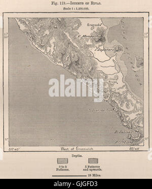 Isthme de Rivas. Le Nicaragua. L'Amérique centrale, 1885 carte antique Banque D'Images