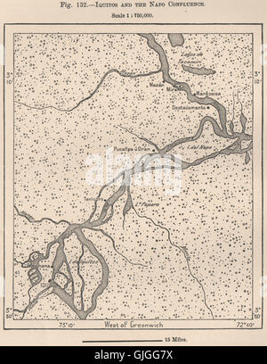 Iquitos et l'Amazon/Napo confluence. Pérou, 1885 carte antique Banque D'Images