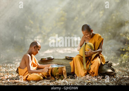 Deux Monks bouddhistes débutants assis dans des bols de nourriture de nettoyage de forêt, Thaïlande Banque D'Images