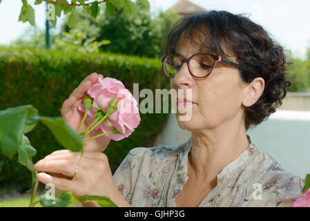 Une femme mature qui sent la rose de son jardin Banque D'Images