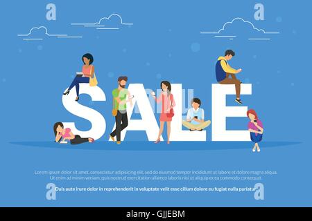 Vente concept illustration des jeunes à l'aide de périphériques mobiles tels que les smartphone et tablette PC d'acheter des vêtements en ligne Illustration de Vecteur