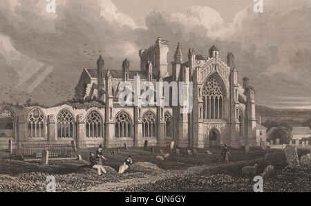 Le Melrose. St Mary's Abbey, Melrose. Le Roxburghshire. SHEPHERD, antique print 1833 Banque D'Images