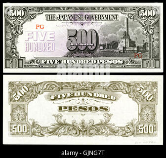 Ce billet de 1944 500 Peso émis par le gouvernement japonais lors de son occupation des Philippines est une monnaie rare de temps de guerre de la IIe Guerre mondiale Banque D'Images