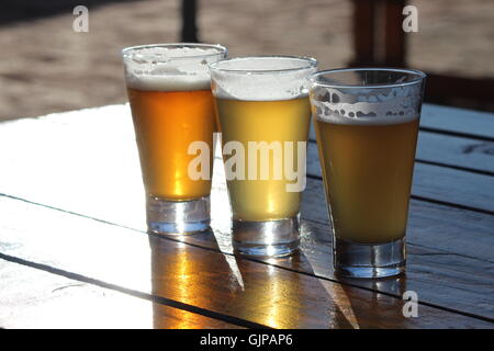Une sélection de bières artisanales de trois au cours d'une dégustation sur une table en bois avec le soleil qui brille dans les verres Banque D'Images