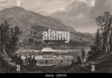 Le fleuve Fillan Highland Games. L'Écosse, antique print 1845 Banque D'Images