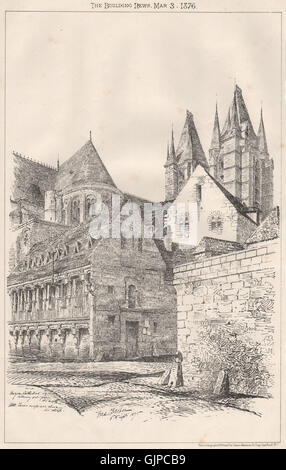 La bibliothèque de la cathédrale de Noyon. Les toits sont tour montré trop raide. Oise, old print 1875 Banque D'Images