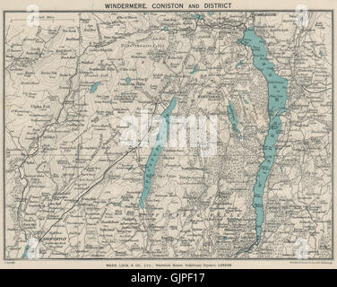 WINDERMERE ET CONISTON WATER. Lake District Ambleside Cumbria. WARD LOCK 1934 map Banque D'Images