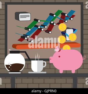 Infographie d'affaires avec des icônes, des graphiques, du café et de l'argent fort, télévision design. Vector image numérique Illustration de Vecteur