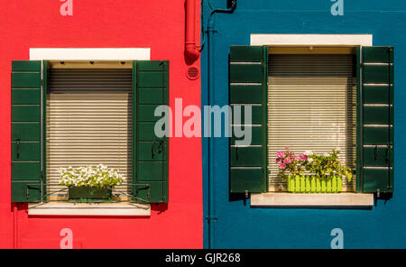 Volets de fenêtre vert foncé sur un mur extérieur rouge et bleu vif de maisons traditionnelles sur l'île de Burano. Italie. Banque D'Images