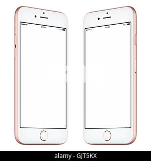 Smartphone. Ce smartphone immersive comprend deux côtés de pivoter légèrement rose ou or rose Smartphone avec écran vide Banque D'Images