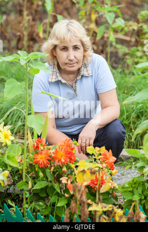 Femme d'âge moyen couleur croissant dans le parterre de fleurs dahlia dans jardin Banque D'Images