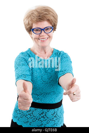 Happy laughing woman montrant deux pouces vers le haut, isolé sur fond blanc Banque D'Images