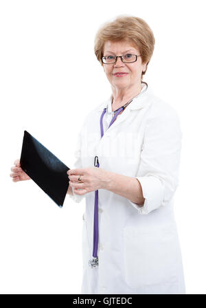 Un médecin examine une femme stricte numériquement isolé sur fond blanc Banque D'Images