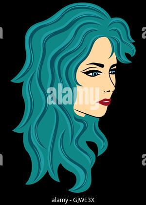 Résumé femme demi-tour avec les cheveux ondulés turquoise isolé sur un fond noir, vector illustration Illustration de Vecteur