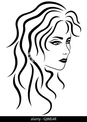 Résumé Les femmes avec les cheveux ondulés demi-tour, scénario contour noir Illustration de Vecteur