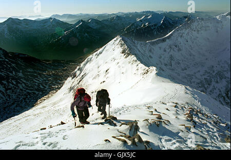 Les alpinistes au Ben Nevis en hiver la neige, sur le Carn Mor Dearg arete ridge. Banque D'Images