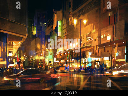 Rue de la ville de nuit avec des lumières colorées,illustration,peinture numérique Banque D'Images