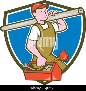 Plombier tuyau transportant Toolbox Crest Cartoon Illustration de Vecteur