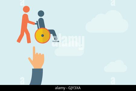 Main pointant à un homme en fauteuil roulant à pousser Illustration de Vecteur