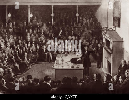 Michael Faraday conférences sur 'Metals' à la Royal Institution, Décembre 27,1855, D'après une peinture par Alexander Blaikley commémorant la présence de S.A.R. le Prince Consort. Parmi les personnalités en l'original sont le Prince Consort, le fauteuil, le Prince de Galles (futur Édouard VII), Prince Alfred (plus tard le duc d'Édimbourg), le révérend John Barlow, M. Bence Jones, et le professeur John Tyndall. Mme Faraday était également présent. Banque D'Images