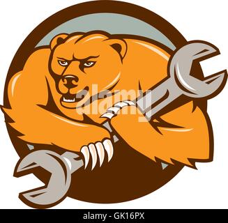 Mécanicien de l'ours grizzli Cercle clé Cartoon Illustration de Vecteur