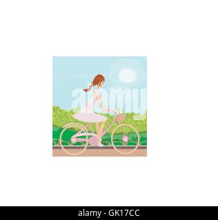 Fille est riding bike sur champ de printemps Illustration de Vecteur