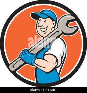 Smiling Mechanic cercle permanent clé Cartoon Illustration de Vecteur