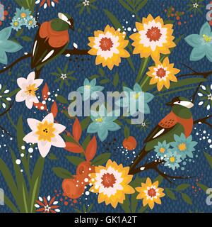 Vintage motif floral transparent avec des oiseaux Illustration de Vecteur
