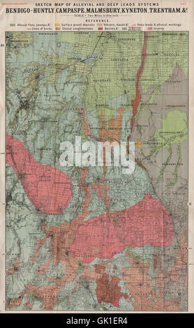 Bendigo-Huntly Campaspe Malmsbury Trentham Kyneton mines. Victoria, 1909 map Banque D'Images