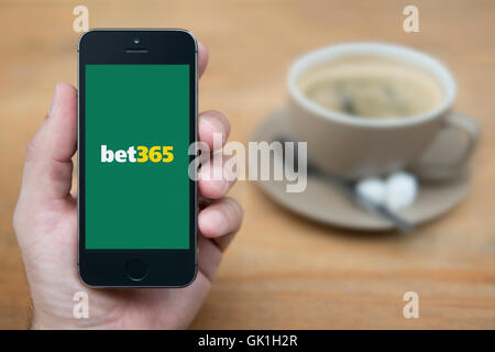 Un homme se penche sur son iPhone qui affiche le logo de Bet365, alors qu'assis avec une tasse de café (usage éditorial uniquement). Banque D'Images