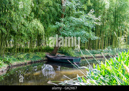 Image de format paysage tranquille eau scène avec paire de vieux bateaux en bois vert sur un étang entouré d'arbres et de feuillages Banque D'Images