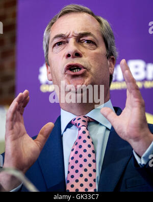 Leader de l'UKIP Nigel Farage brandit un passeport lors de son discours sur la façon dont, selon lui, le Royaume-Uni sera à l'abri des Daesh et autres terroristes jihadistes si le pays sort de l'Union européenne. Avec : Nigel Farage, Leader du Royaume-Uni par l'indépendance Banque D'Images