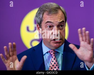 Leader de l'UKIP Nigel Farage brandit un passeport lors de son discours sur la façon dont, selon lui, le Royaume-Uni sera à l'abri des Daesh et autres terroristes jihadistes si le pays sort de l'Union européenne. Avec : Nigel Farage, Leader du Royaume-Uni par l'indépendance Banque D'Images