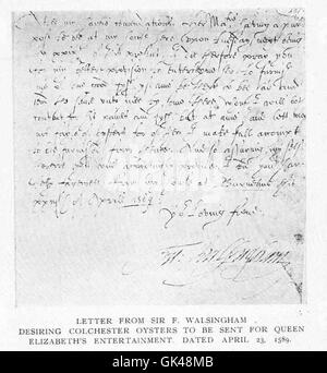 Cette lettre de Sir Francis Walsingham, datée du 23 avril 1589, demande que les huîtres Colchester soient envoyées à la reine Elizabeth I pour un événement royal, reflétant l'importance historique des huîtres en tant que mets délicats en Angleterre élisabéthaine. Banque D'Images