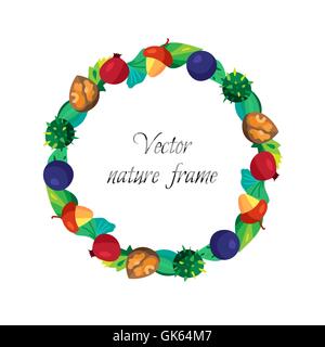 Vintage frame feuilles fruits de noisette et de châtaignier, de bruyère et d'écrous. Vector Illustration de Vecteur