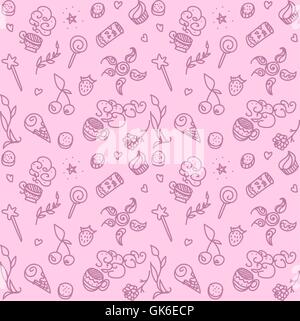 Rose vecteur modèle transparent avec les choses de la vie : la nourriture, la boisson, baguette magique, des tasses, des plantes Illustration de Vecteur