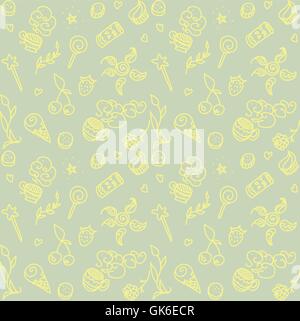 Motif transparent vecteur avec les choses de la vie : la nourriture, la boisson, baguette magique, des tasses, des plantes Illustration de Vecteur