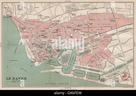 LE HAVRE ville antique plan de ville de la ville. Seine-Maritime, 1913 carte antique Banque D'Images