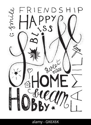 Vintage hand drawn hipster lettrage composition avec paroles sur la vie, la famille et l'amour. L'impression, de typographie, de l'accueil, affiche, Illustration de Vecteur