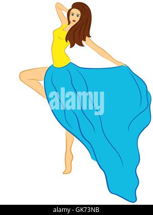 Dancing girl mince gracieux avec le châtaignier de poils en longue robe colorée en ukrainien ou national suédois jaune et bleu, couleurs Illustration de Vecteur