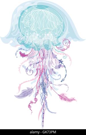 Vector illustration sealife créative avec des éléments tribaux avec medusa - de plumes et de fleurs sur fond blanc Illustration de Vecteur