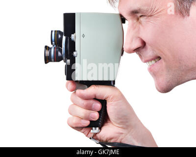 Passe-temps mécanique rétro film appareil photo dans les mains de l'opérateur blanc isolé Banque D'Images