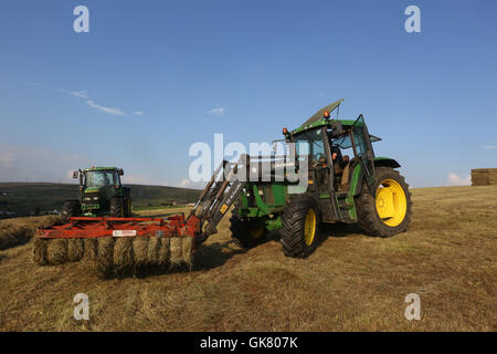 Littleborough, UK. 18 août, 2016. Météo France : une famille d'agriculteurs travaillent dans la soirée pour faire les foins pendant que le soleil brille. Sur la photo : Une caution Browns transporteur et le tracteur sur les terres agricoles en Littleborough, 18 août 2016 Crédit : Barbara Cook/Alamy Live News Banque D'Images