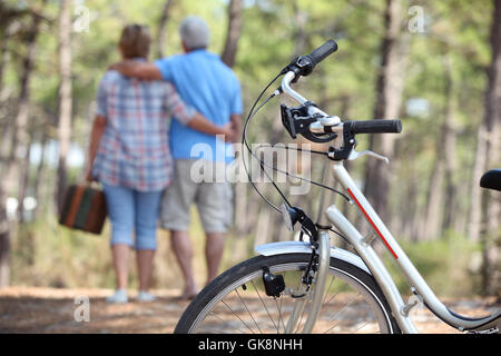 Vélo pique-nique bois Banque D'Images